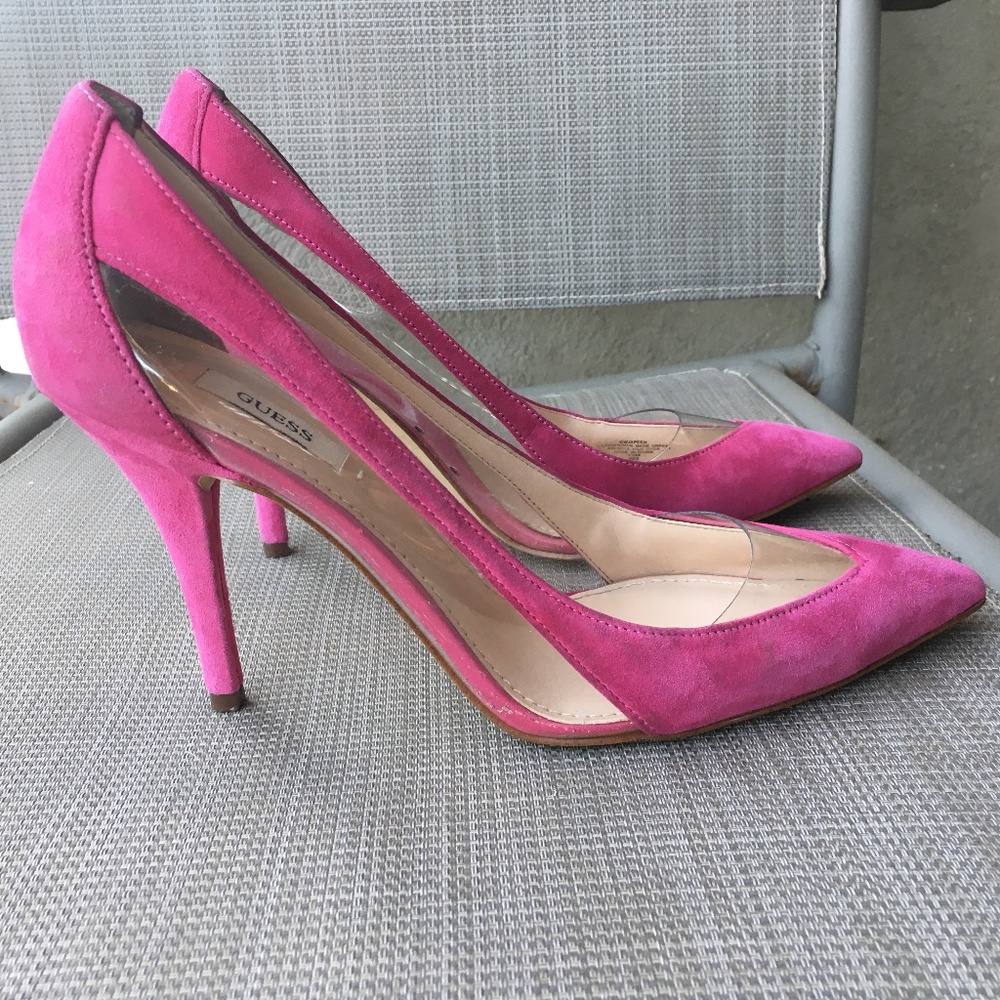 GUESS Pink Suede Clear Lucite Trim Japeen Pumps Heels 7.5